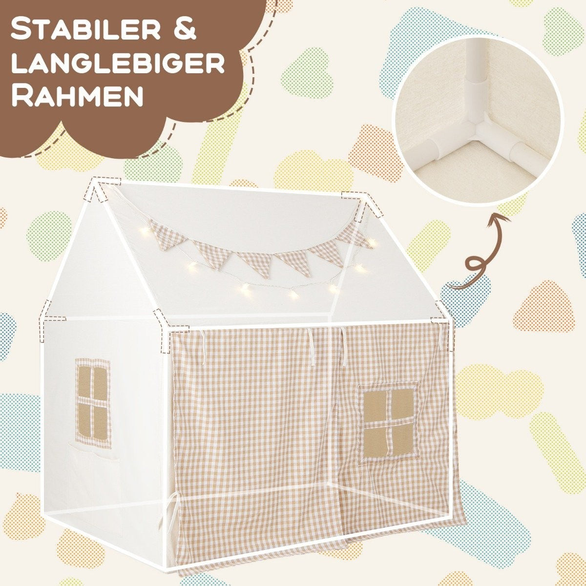 Children's tent for indoors, children's playhouse with mat & lights, 125 x 100 x 127 cm, beige