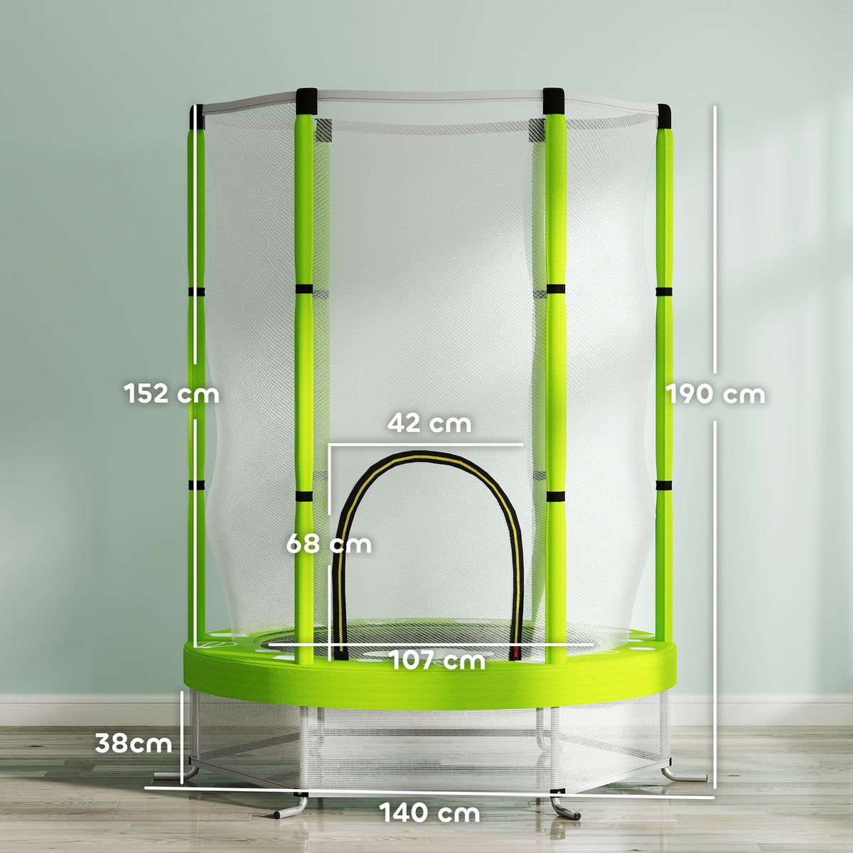 Children's trampoline Ø140 cm, indoor trampoline with safety net edge cover rubber rope, children's trampoline with door with zip, cloud pattern, for children 3-6 years green |