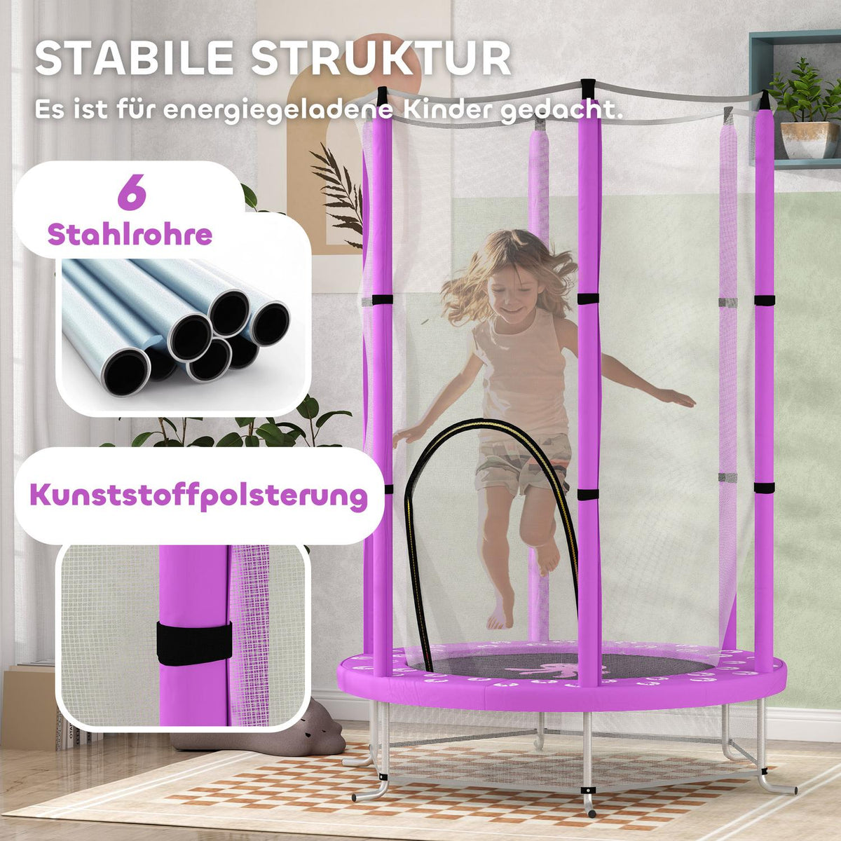 Children's trampoline Ø140 cm, indoor trampoline with safety net edge cover rubber rope, children's trampoline with door with zip, cloud pattern, for children 3-6 years purple |