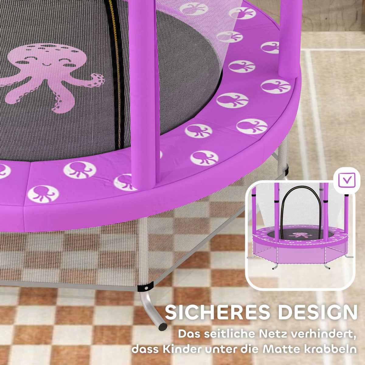 Children's trampoline Ø140 cm, indoor trampoline with safety net edge cover rubber rope, children's trampoline with door with zip, cloud pattern, for children 3-6 years purple |