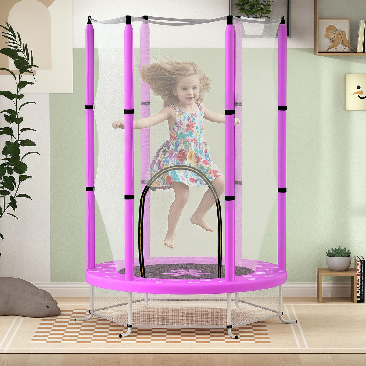 Children's trampoline Ø140 cm, indoor trampoline with safety net edge cover rubber rope, children's trampoline with door with zip, cloud pattern, for children 3-6 years purple |