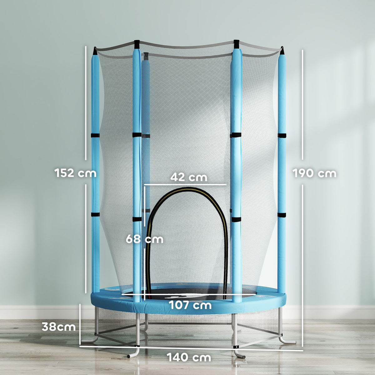 Children's trampoline Ø140 cm, indoor trampoline with safety net edge cover rubber rope, children's trampoline with door with zip, squid pattern, for children 3-6 years light blue |