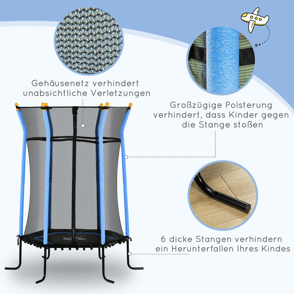 Children's trampoline Ø163.5 cm, indoor trampoline with safety net edge cover rubber rope, children's trampoline up to 50 kg, for children 3-10 years blue