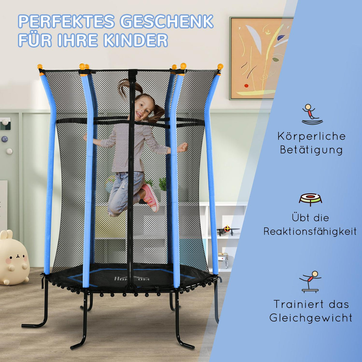 Children's trampoline Ø163.5 cm, indoor trampoline with safety net edge cover rubber rope, children's trampoline up to 50 kg, for children 3-10 years blue