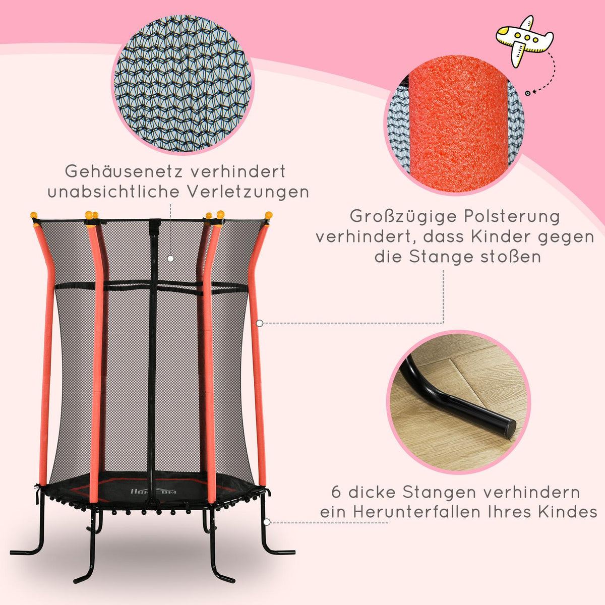 Children's trampoline Ø163.5 cm, indoor trampoline with safety net edge cover rubber rope, children's trampoline up to 50 kg, for children 3-10 years red