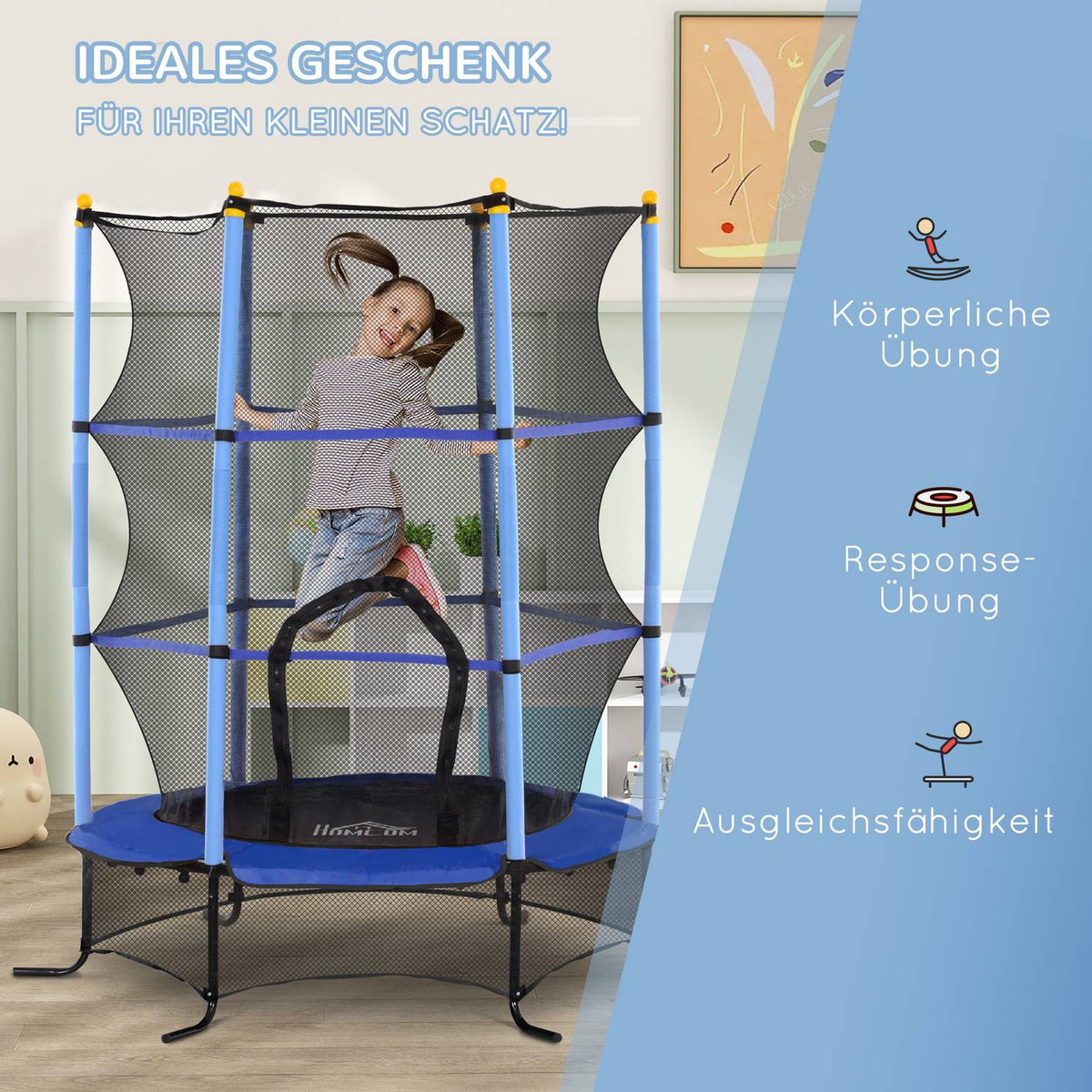 Children's trampoline Ø163 cm, trampoline with safety net, edge cover, garden trampoline for children 3-10 years, load capacity up to 50 kg, blue