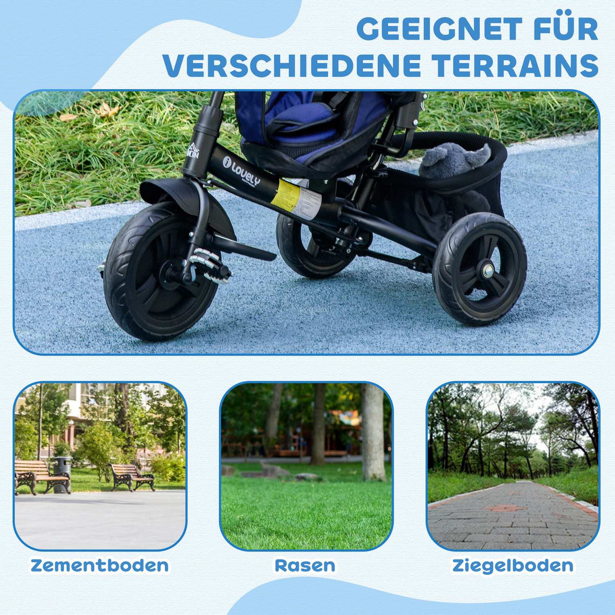Children's tricycle, children's bike, back basket, cup holder, sun canopy, metal, dark blue