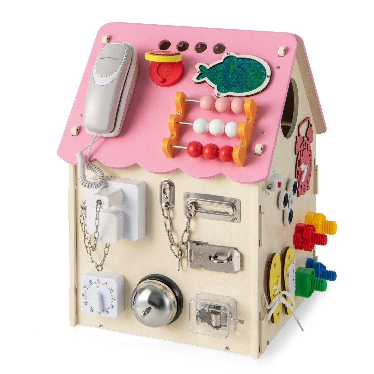 Children's wooden playhouse with sensory games and storage space for children aged 3 and over. Pink