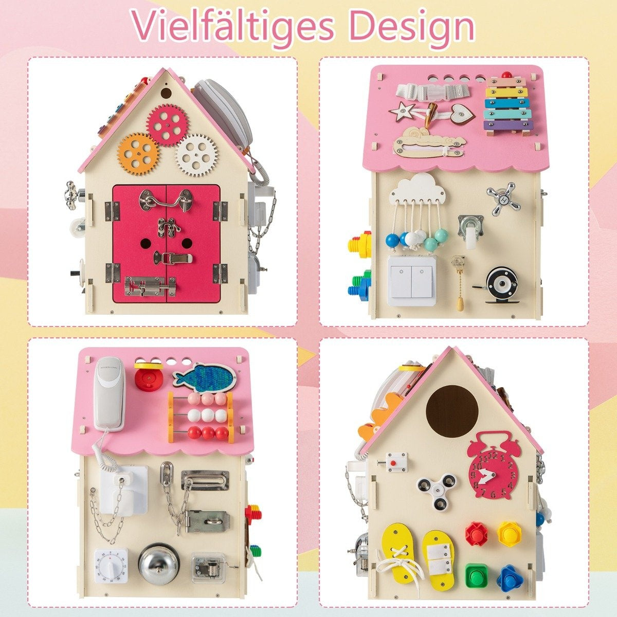 Children's wooden playhouse with sensory games and storage space for children aged 3 and over. Pink