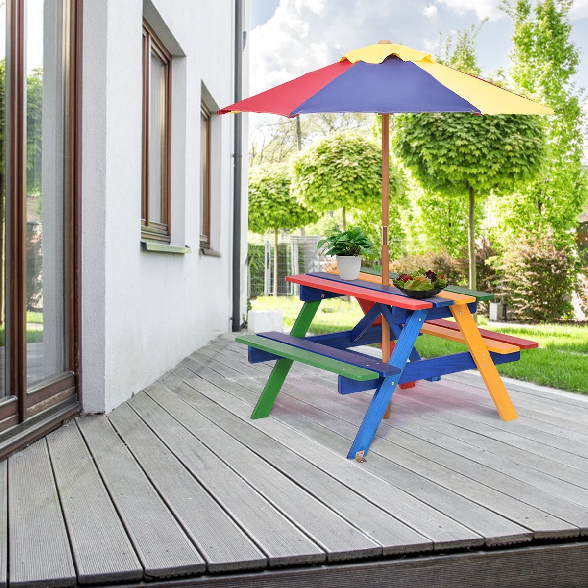 Children's wooden seating set, garden set, children's furniture, children's table with parasol and 2 benches for outdoor use