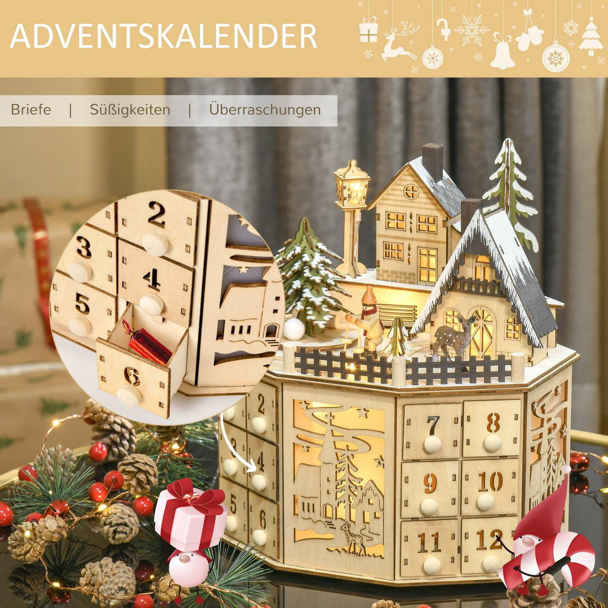 Christmas Advent Calendar With 24 Train Boxes Christmas Calendar With Led Lights Advent Calendar Box Plywood Board Natural Wood 25 X 20 X 29 Cm
