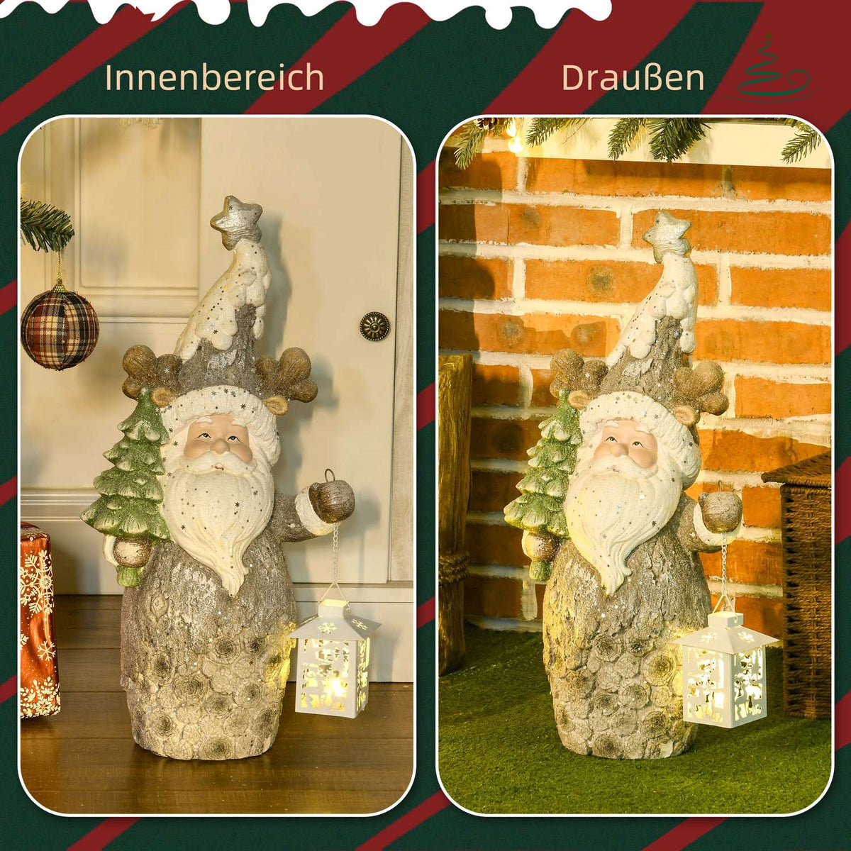 Christmas Decoration Figure, Santa Claus With Christmas Tree And Lantern, 55 Cm Christmas Figure With Led Light, Decorative Figure For Christmas