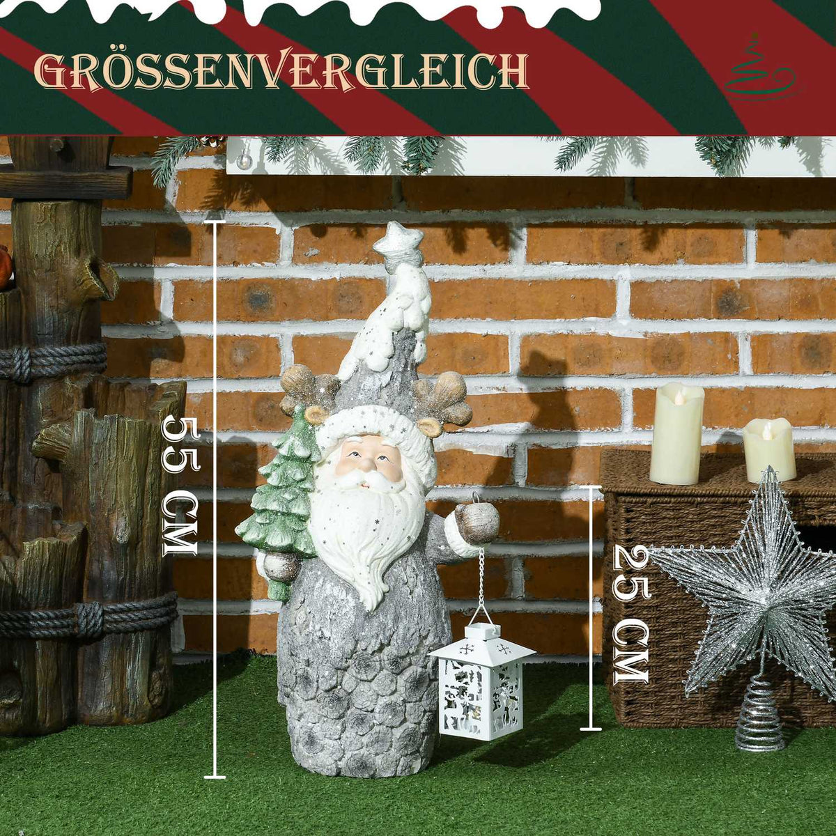 Christmas Decoration Figure, Santa Claus With Christmas Tree And Lantern, 55 Cm Christmas Figure With Led Light, Decorative Figure For Christmas