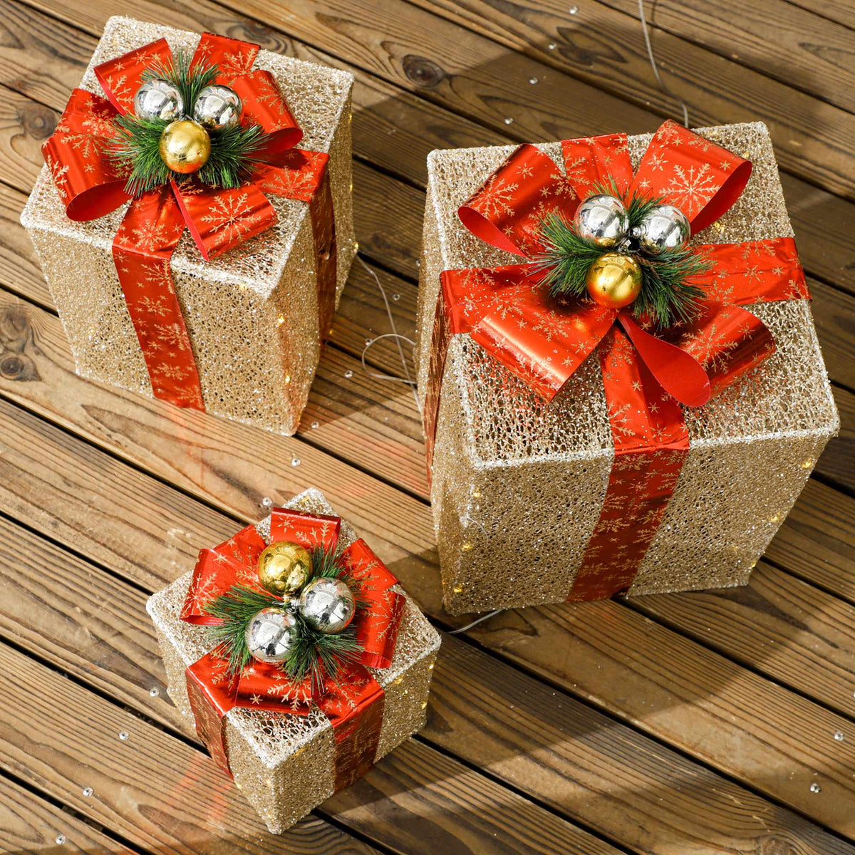 Christmas Gift Box Lights Set, 3-Piece, 58 LEDs, Gold