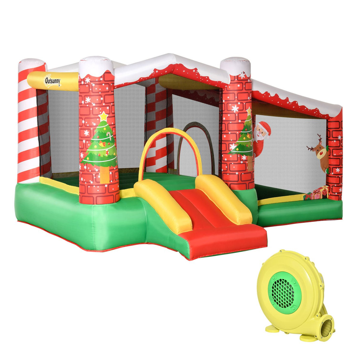 Christmas Inflatable Bouncy Castle Play Castle Trampoline Small Slide Ball Pit For 3 Children With Blower For 3-8 Years Red + Green