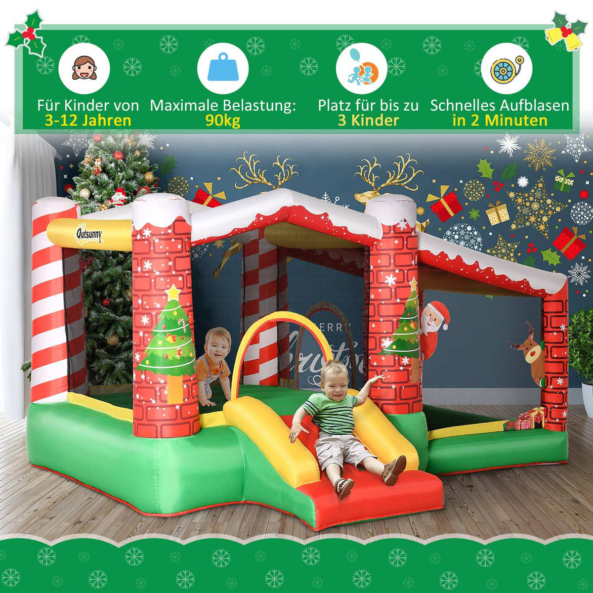 Christmas Inflatable Bouncy Castle Play Castle Trampoline Small Slide Ball Pit For 3 Children With Blower For 3-8 Years Red + Green