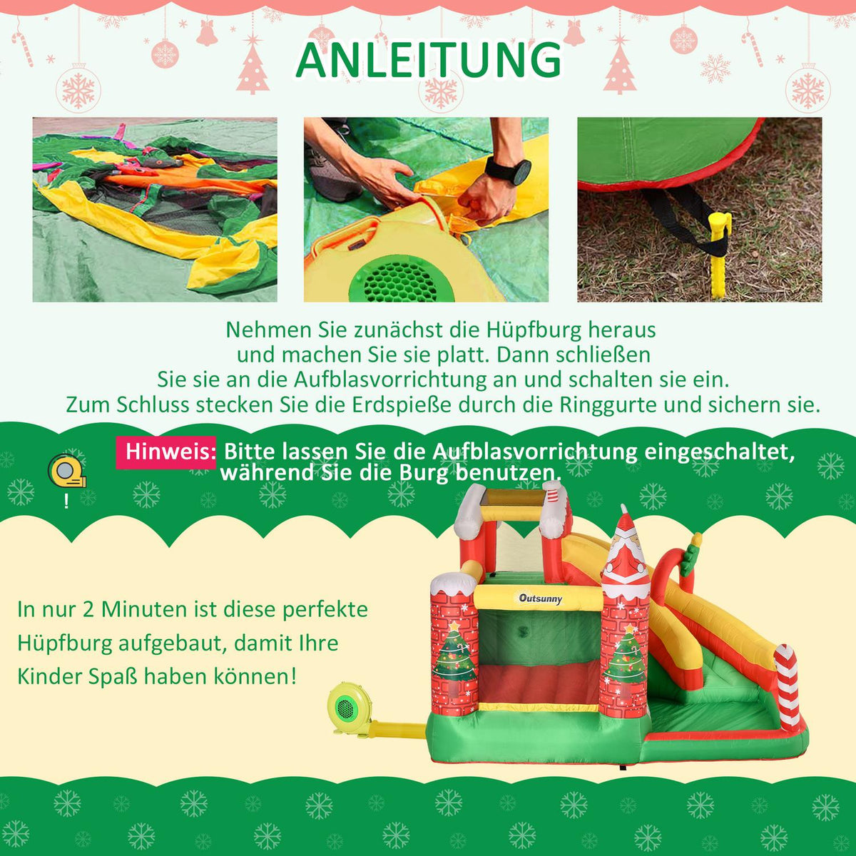 Christmas Inflatable Bouncy Castle Play Castle With Slide Ball Pit For 3 Children With Blower For 3-8 Years Red + Green + White 290 X 280 X 220 Cm