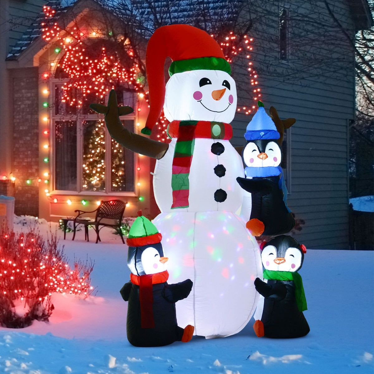 Christmas Inflatable Snowman With 3 Penguins Leds Polyester 140 X 70 X 180 Cm