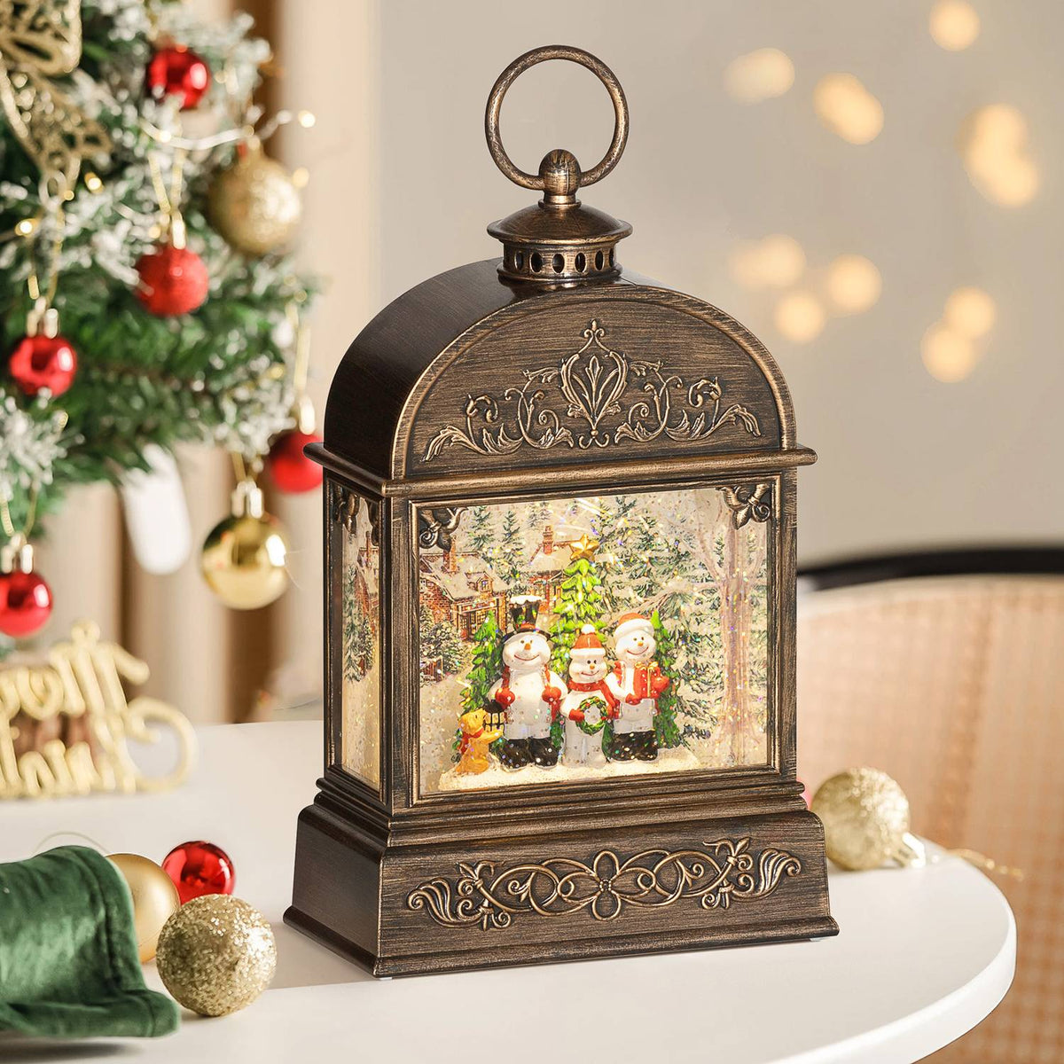Christmas Snow Globe Lantern with Light Music Christmas Decoration with Swirling Glitter for Christmas Party Gift Bronze