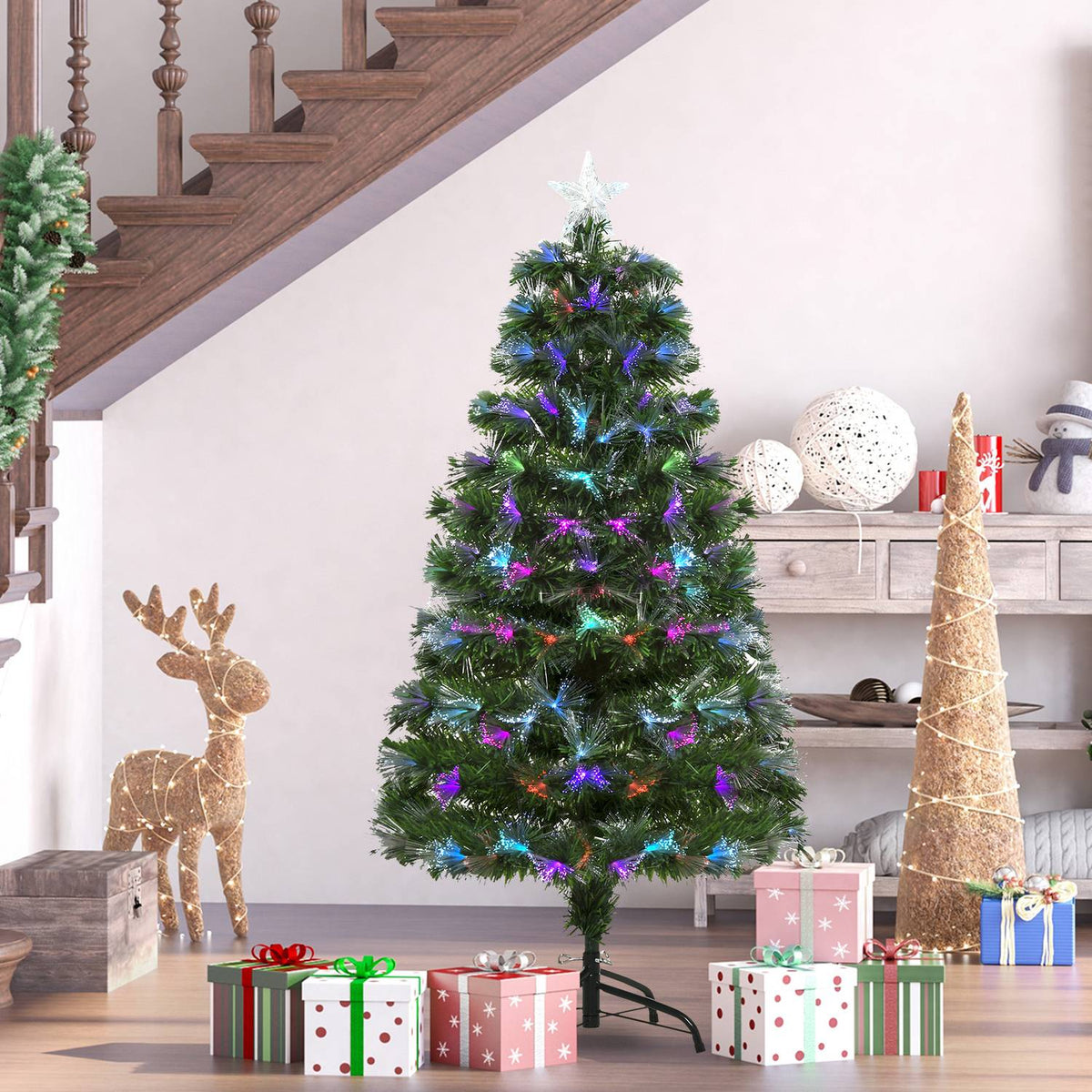 Christmas Tree 1.2 M Artificial Fir Tree 130 Branches Metal Base Pvc Multicolored Light Effects Ø66 X 120H Cm