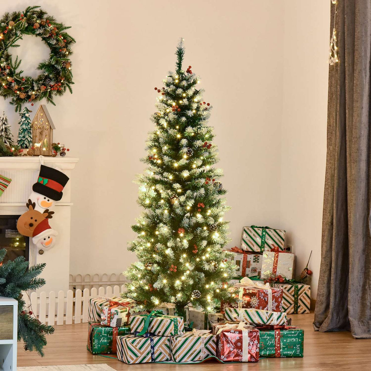 Christmas Tree 1.5 M Christmas Tree With 25 Red Berries Pine Cones Led Lights Artificial Fir 408 Branches Pvc Steel Green + White Ø53 X 150 Cm