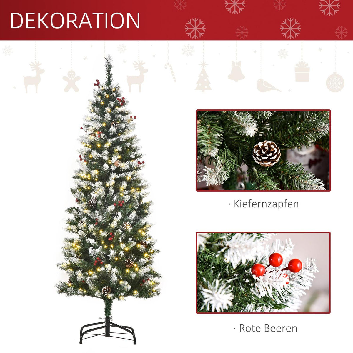 Christmas Tree 1.5 M Christmas Tree With 25 Red Berries Pine Cones Led Lights Artificial Fir 408 Branches Pvc Steel Green + White Ø53 X 150 Cm