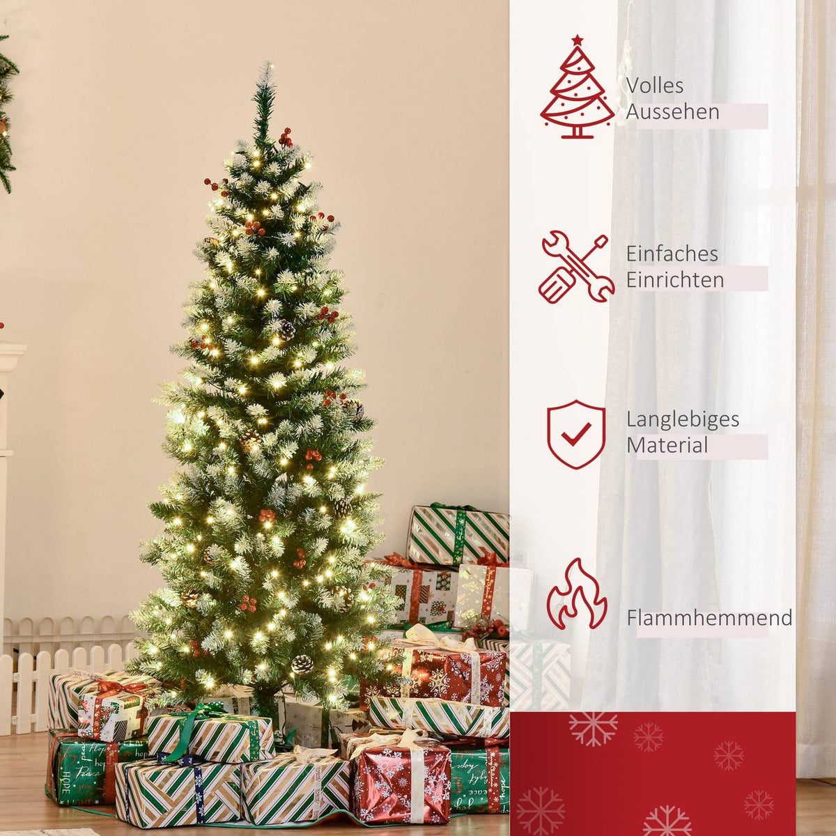 Christmas Tree 1.5 M Christmas Tree With 25 Red Berries Pine Cones Led Lights Artificial Fir 408 Branches Pvc Steel Green + White Ø53 X 150 Cm