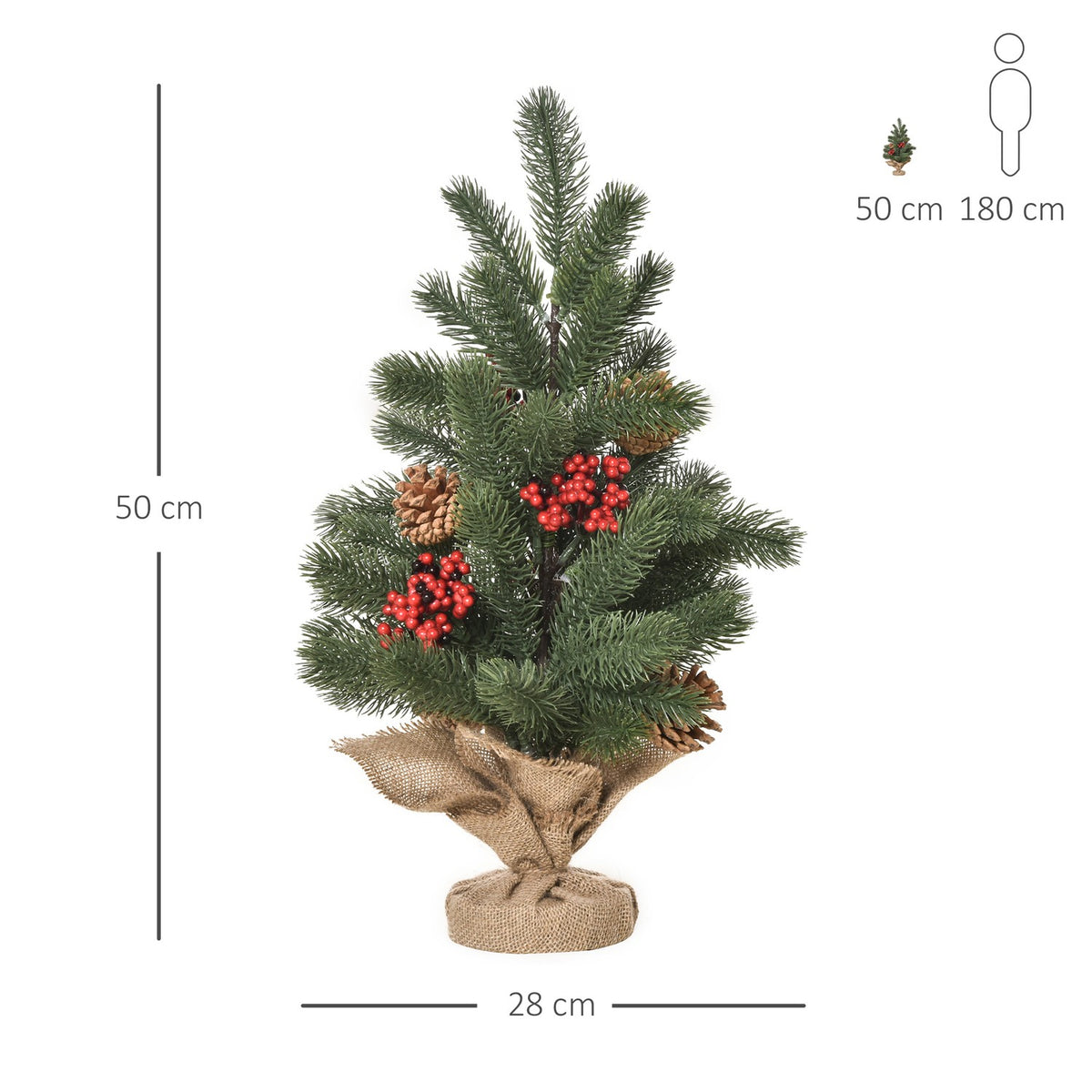 Christmas Tree 50 Cm With 4 Red Berries And 4 Pine Cones Artificial Fir 55 Branches Stable And Durable Base Pe Cement Burlap Ø28 X 50 Cm