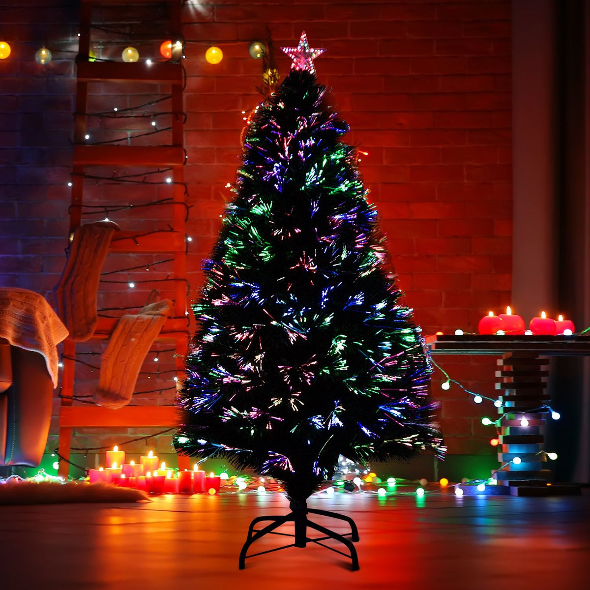 Christmas Tree Artificial Christmas Tree Fir Tree Light Fiber Led Tree With Metal Stand, Fiber Optic Color Changer, Green, 120 Cm