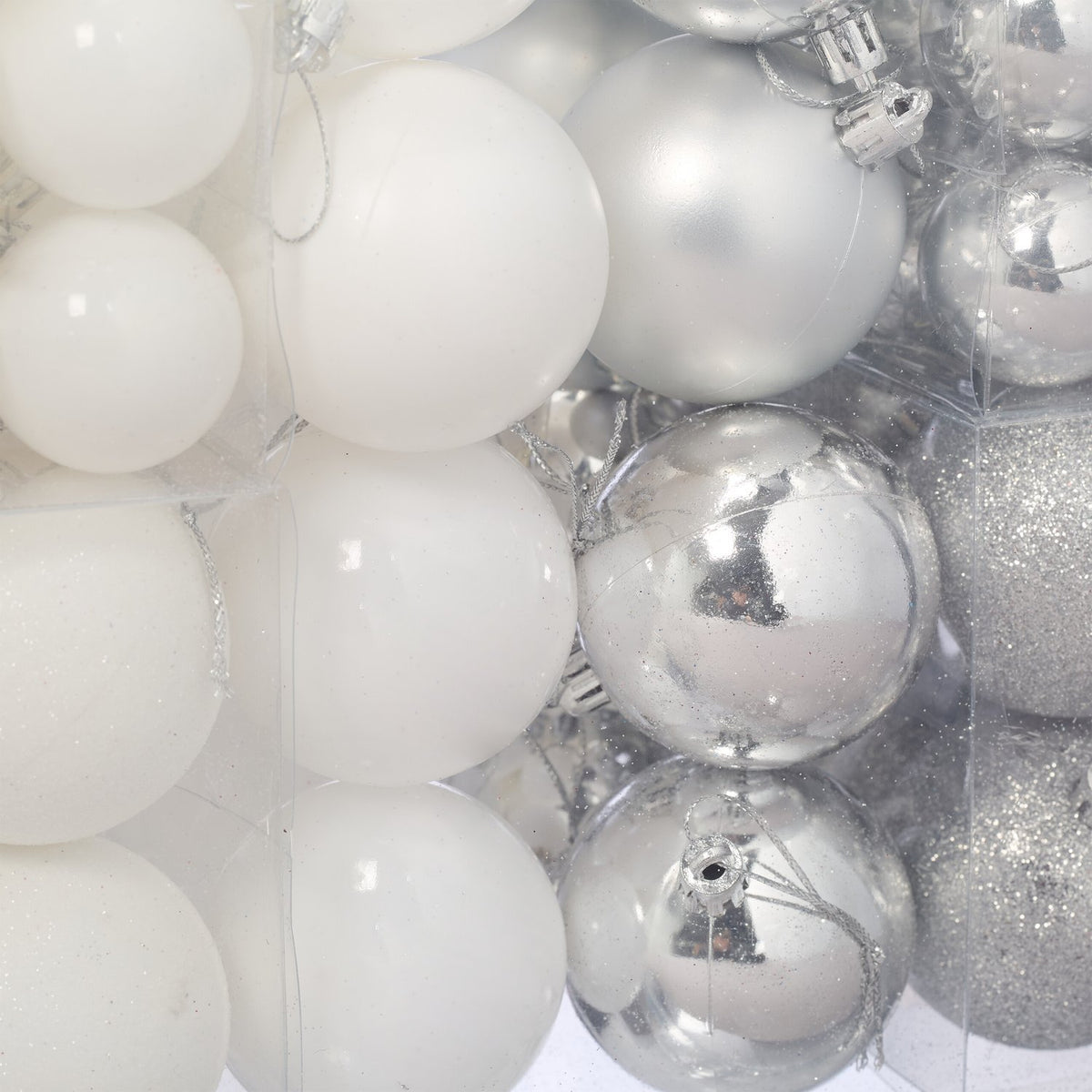 Christmas Tree Baubles Set, Silver & White, Various Finishes