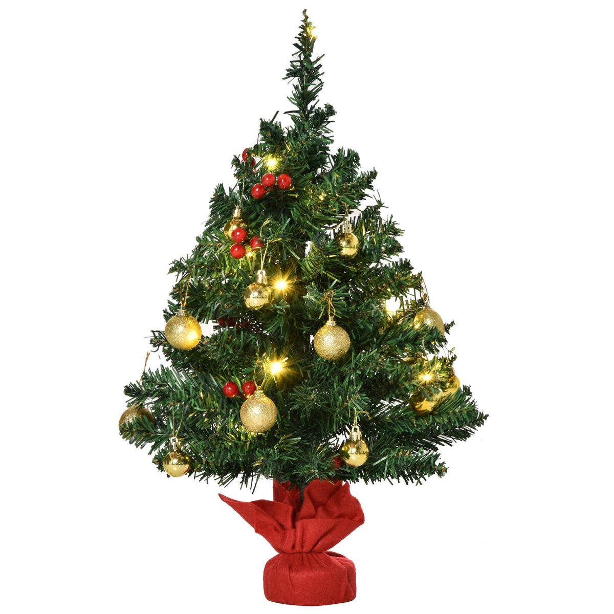 Christmas Tree Small, Mini Christmas Tree With Holly Berries, Balls And Led Lights For Table Green Pvc ∅40 X 60 Cm
