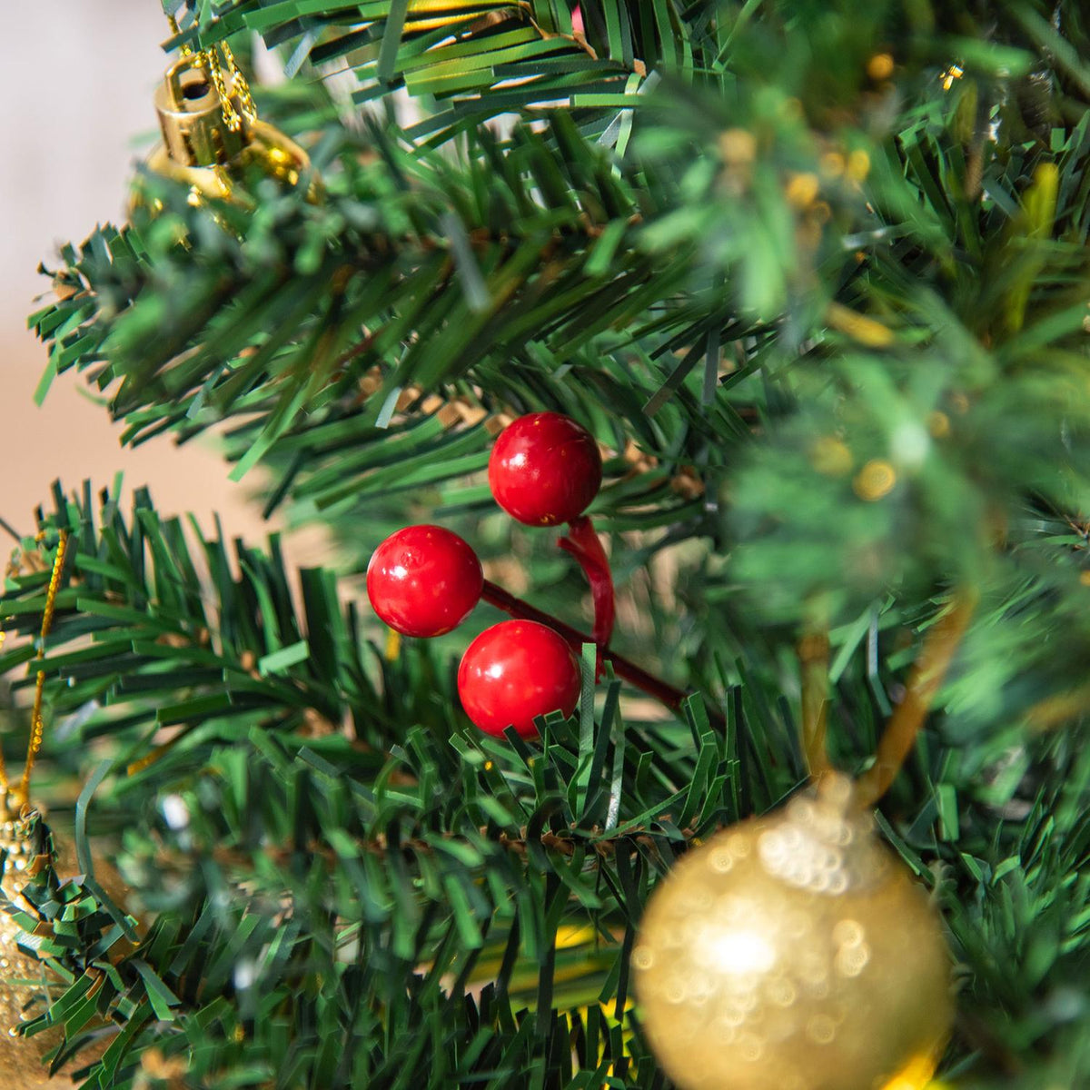 Christmas Tree Small, Mini Christmas Tree With Holly Berries, Balls And Led Lights For Table Green Pvc ∅40 X 60 Cm