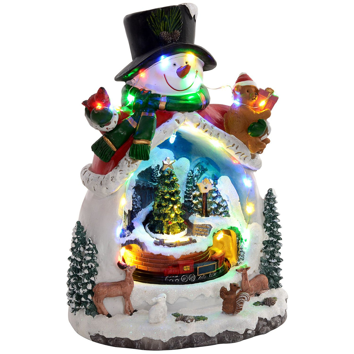 Christmas Village Christmas Town with LED Lights, Music, Snowman, Christmas Tree and Moving Train, Winter Landscape for Christmas, Multicolored