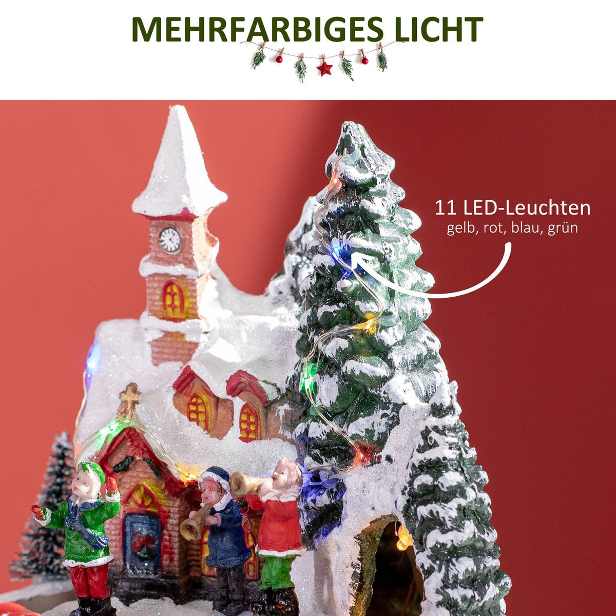 Christmas Village Christmas town with LED lighting, 1 church, 5 Christmas trees, 1 square, 2 musicians, 1 commander and 1 moving train Winter landscape for Christmas