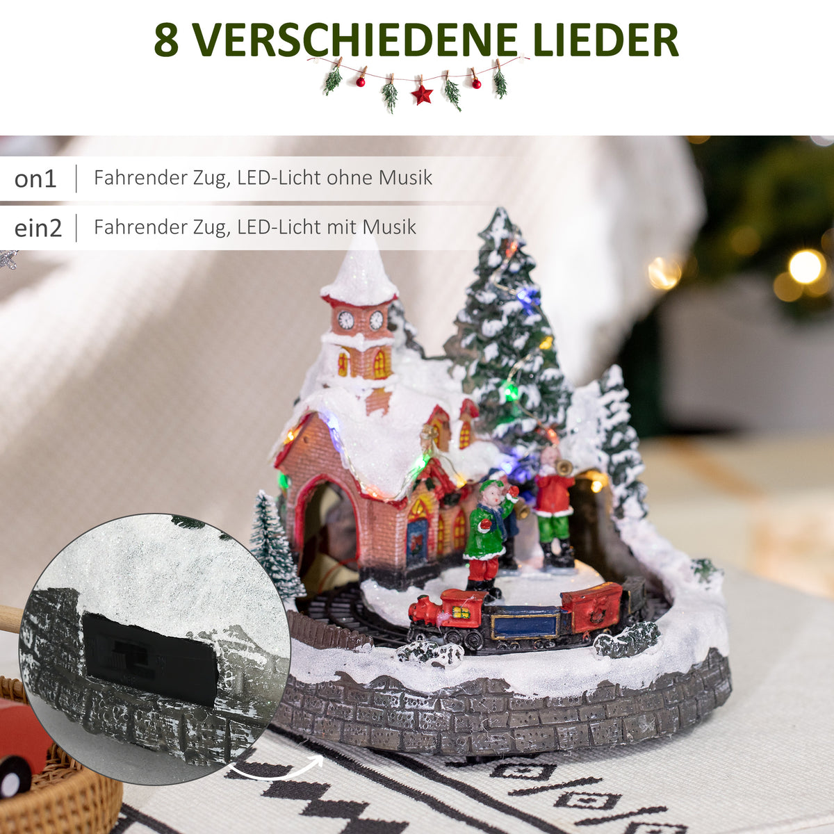 Christmas Village Christmas town with LED lighting, 1 church, 5 Christmas trees, 1 square, 2 musicians, 1 commander and 1 moving train Winter landscape for Christmas