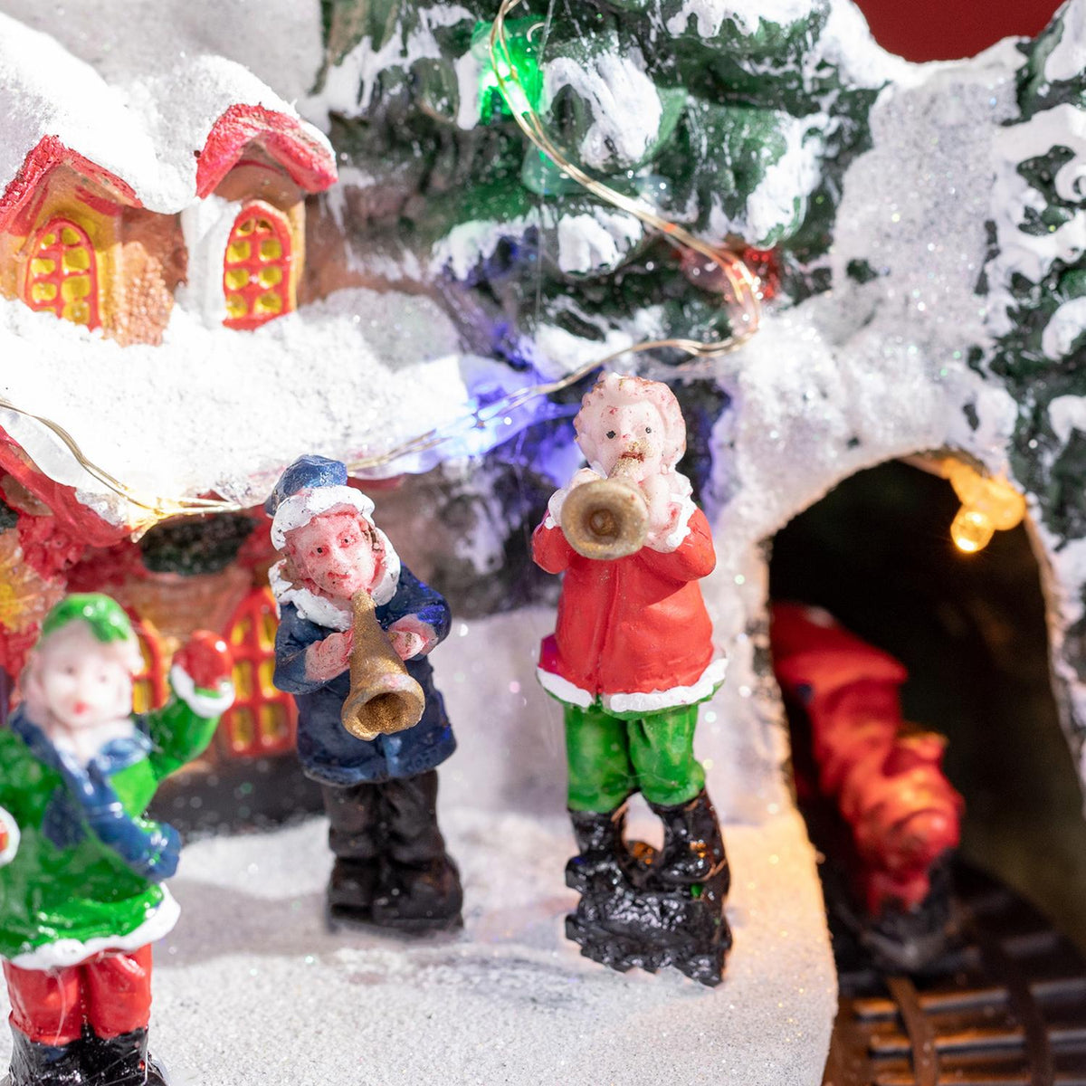 Christmas Village Christmas town with LED lighting, 1 church, 5 Christmas trees, 1 square, 2 musicians, 1 commander and 1 moving train Winter landscape for Christmas