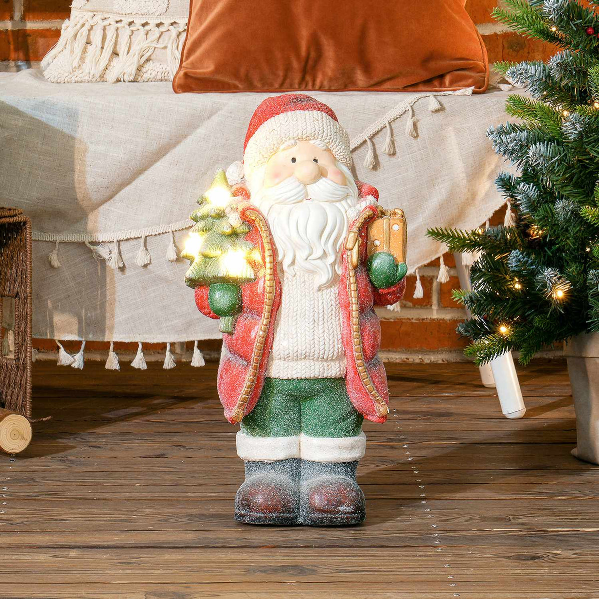 Christmas decoration figure, Santa Claus with Christmas tree and gift, 50 cm Christmas figure with LED light, decorative figure for Christmas, for indoor and outdoor use