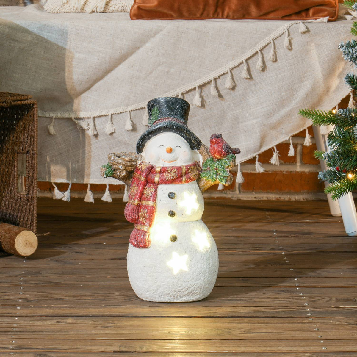 Christmas decoration figure, snowman with scarves, hats and birds, 38 cm Christmas figure with LED light, decorative figure for Christmas, for indoor and outdoor use