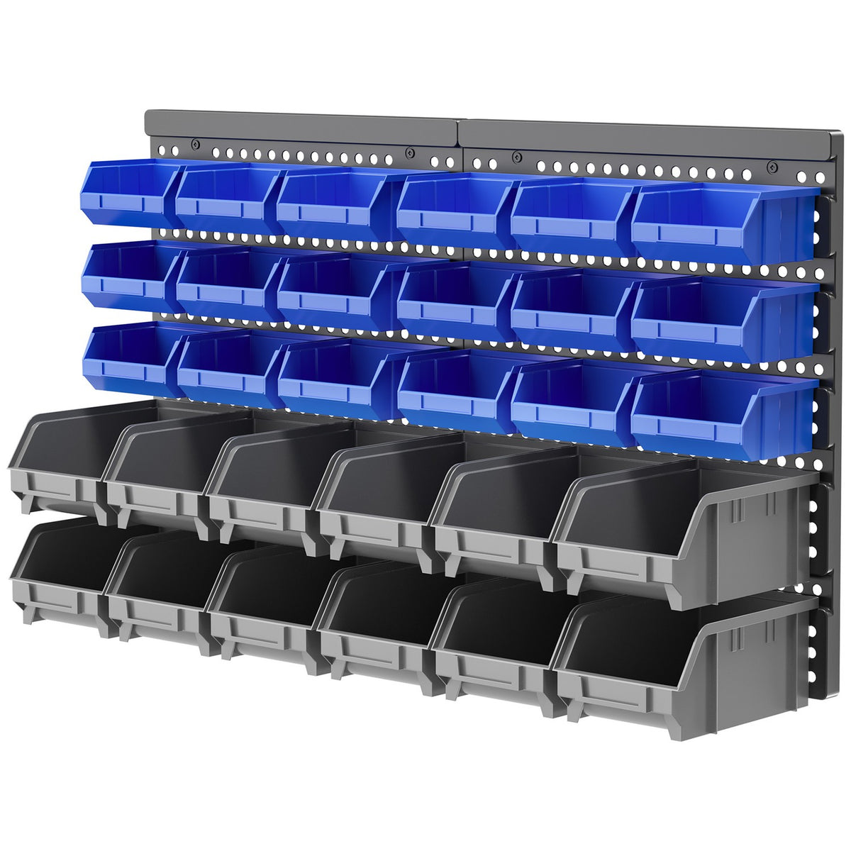 Chute shelf, 63 x 18 x 37.5 cm, 30 boxes in 2 sizes, with 2 perforated plates, enough space, for garage workshop, plastic, blue