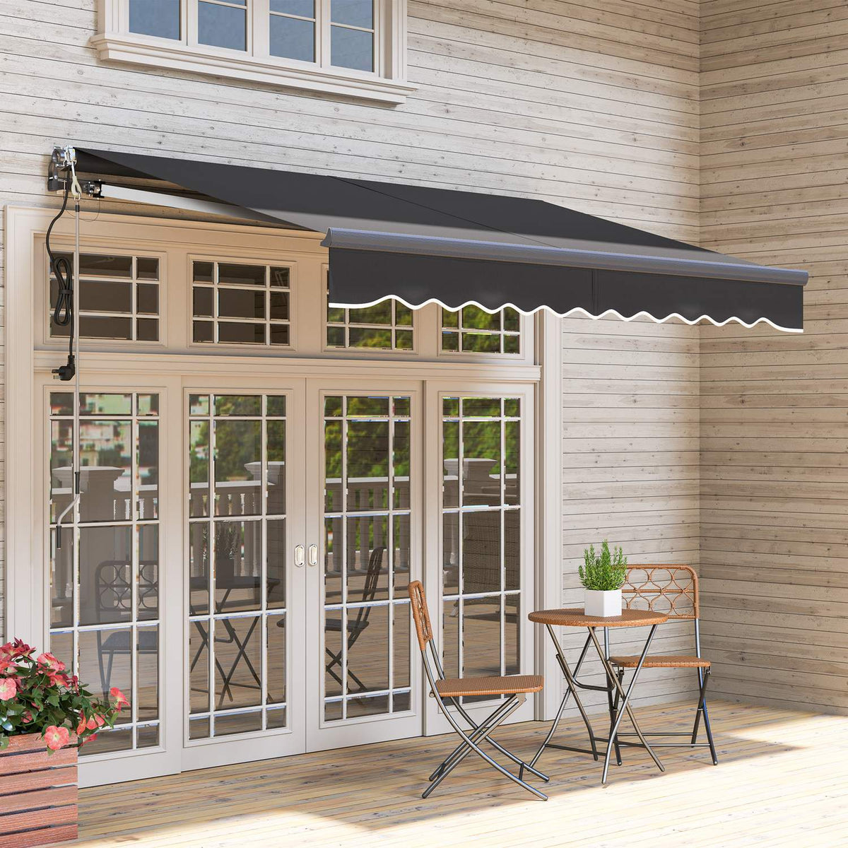 Clamp awning with hand crank, electrically height-adjustable, folding arm awning, sun protection, UV 30+, balcony awning incl. wall bracket, sun awning, 300 cm wide, for terrace, balcony, dark gray