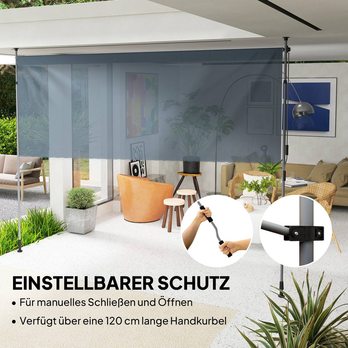 Clamp awning with hand crank, height-adjustable, folding arm awning, no drilling, sun protection, UV-resistant, including wall bracket, sun awning, 350 cm wide for terrace, balcony, dark gray