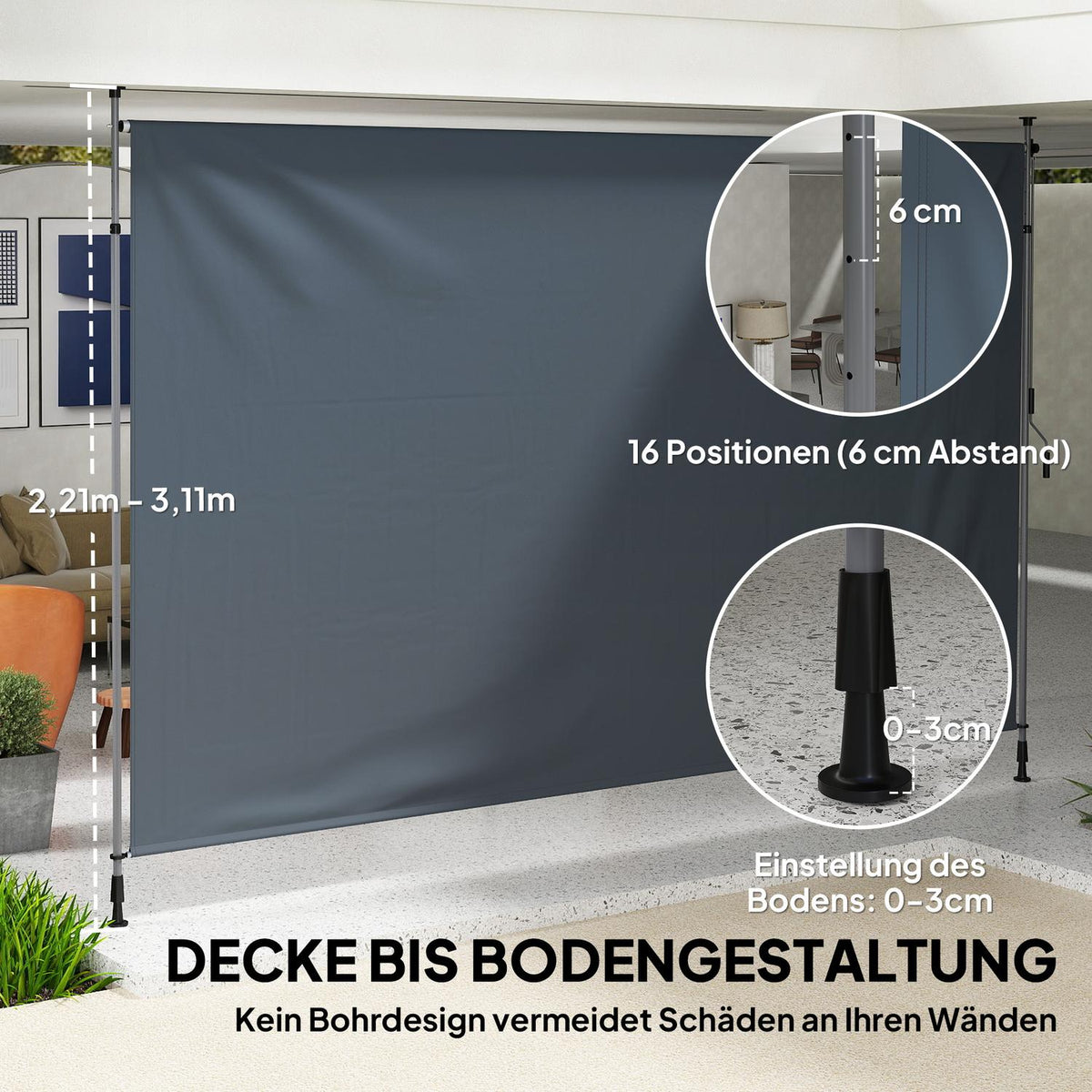 Clamp awning with hand crank, height-adjustable, folding arm awning, no drilling, sun protection, UV-resistant, including wall bracket, sun awning, 400 cm wide for terrace, balcony, dark gray