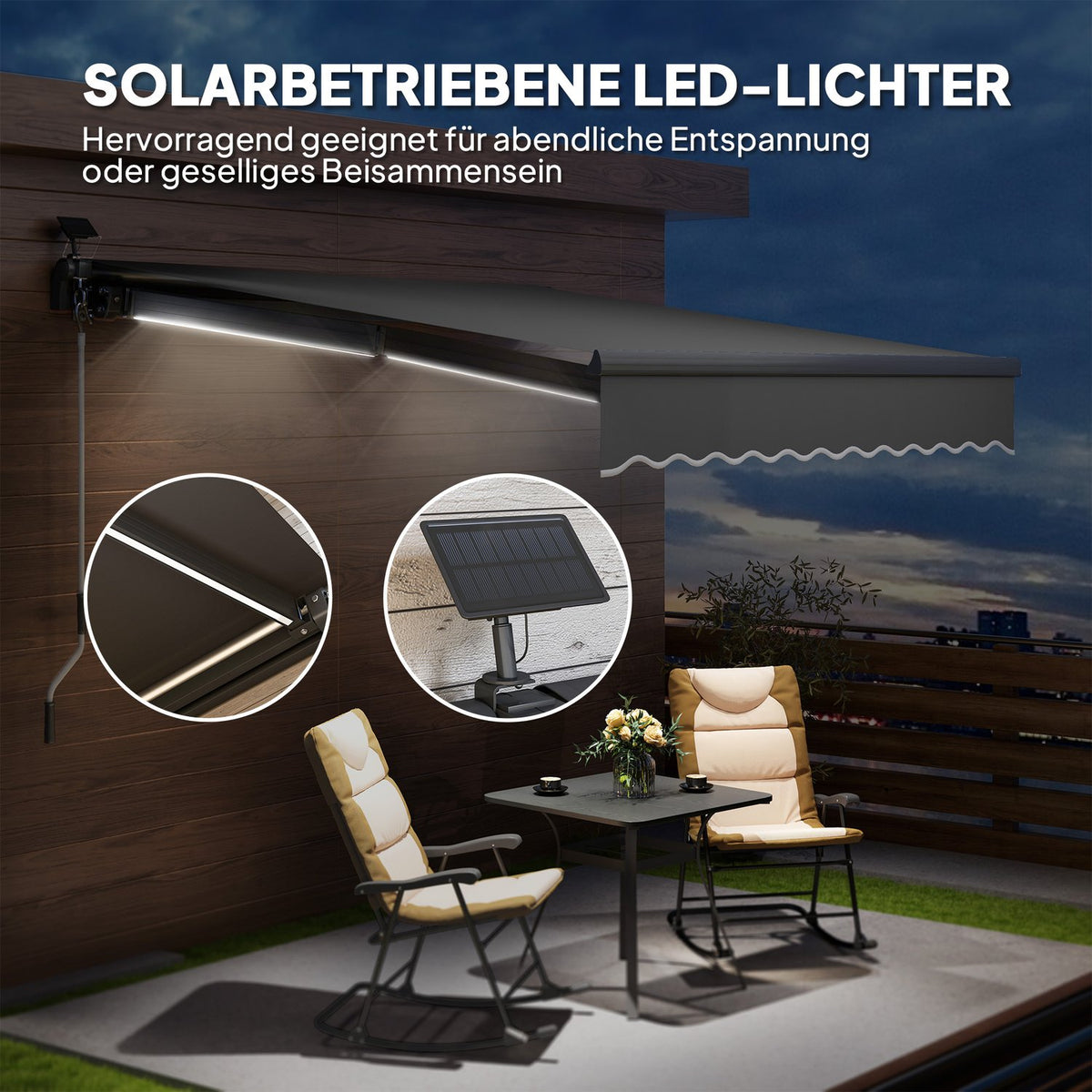 Clamp awning with hand crank, solar light, folding arm awning, sun protection, UV 50+, balcony awning incl. wall bracket, sun awning, 300 cm wide for terrace, balcony, veranda, gray