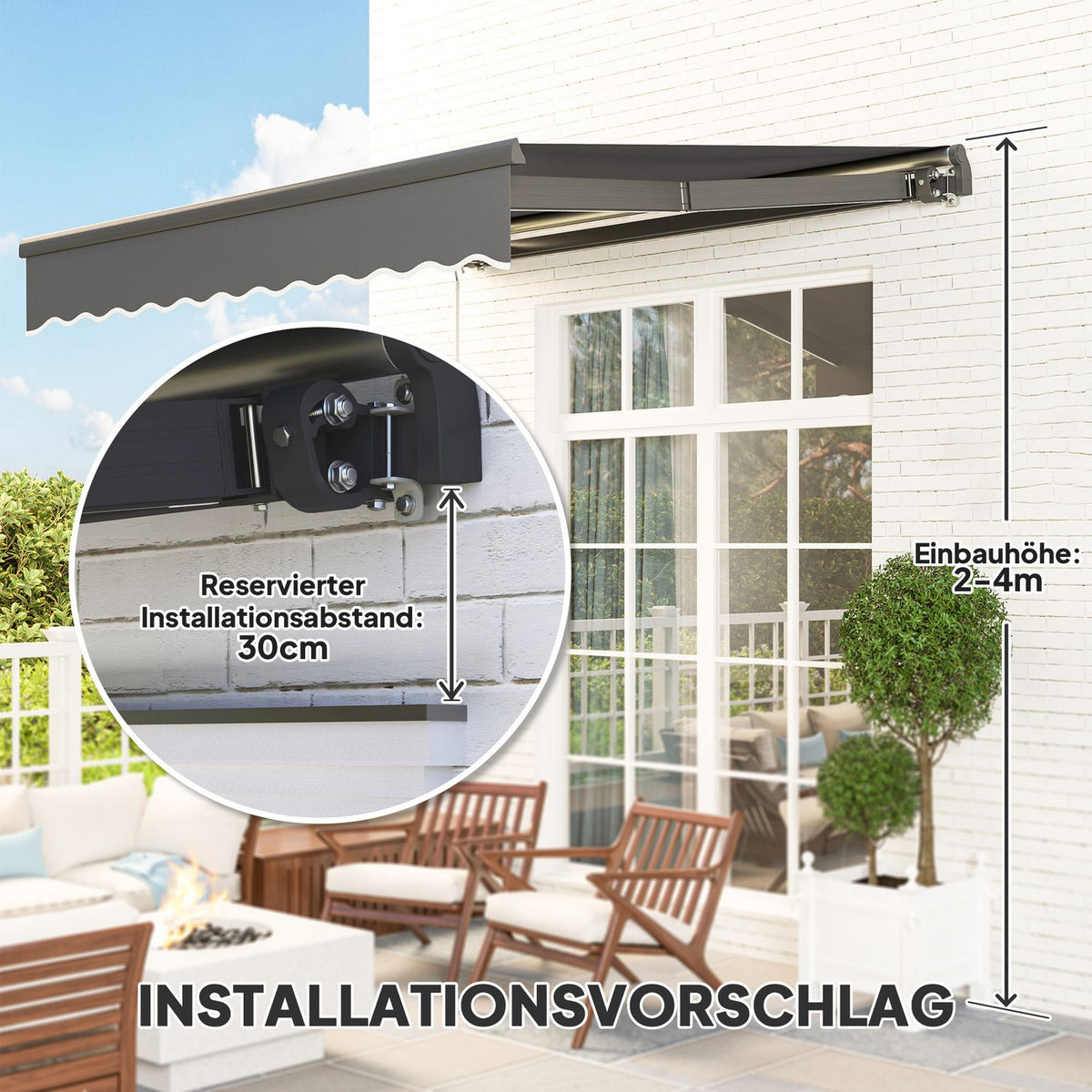 Clamp awning with hand crank, solar light, folding arm awning, sun protection, UV 50+, balcony awning incl. wall bracket, sun awning, 300 cm wide for terrace, balcony, veranda, gray