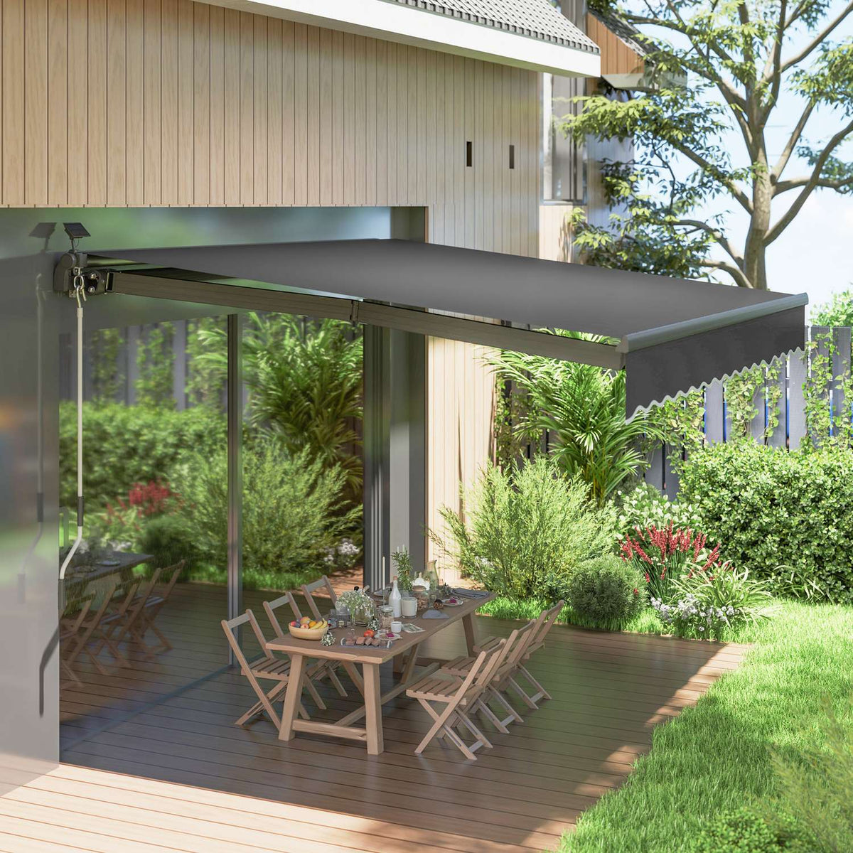Clamp awning with hand crank, solar light, folding arm awning, sun protection, UV 50+, balcony awning incl. wall bracket, sun awning, 400 cm wide for terrace, balcony, veranda, gray