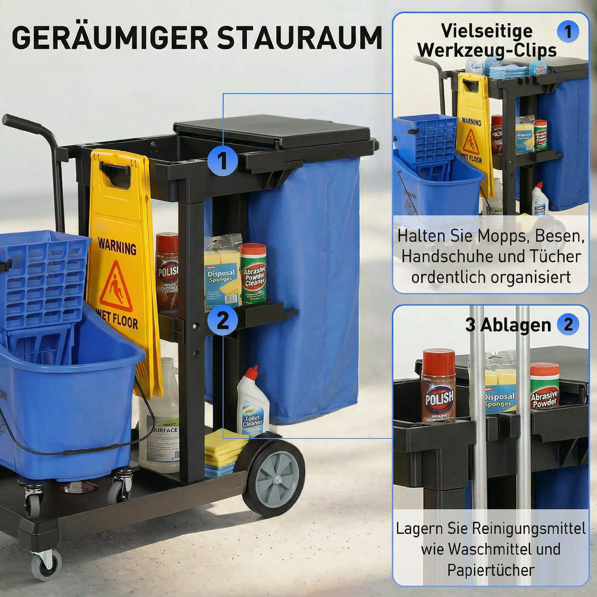 Cleaning Cart with 3 Shelves, 70L Bag, Mop Bucket, Blue