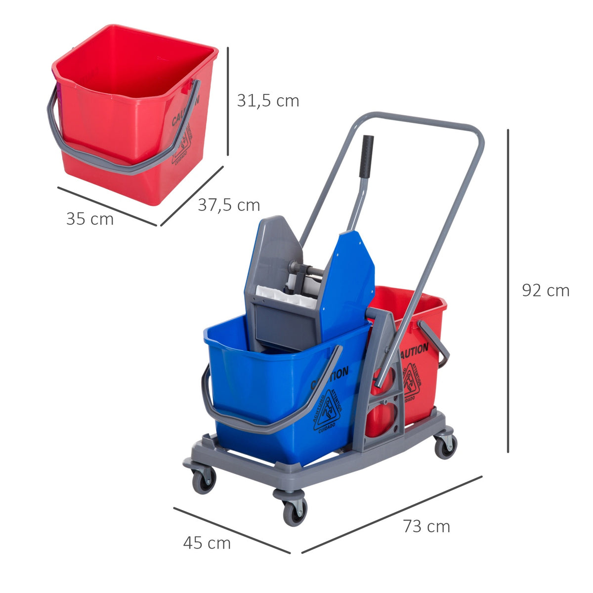 Cleaning Trolley Cleaning Trolley With 2 Buckets & 4 Wheels, Metal/Pp, Blue/Red, 73X45X92Cm For Efficient Cleanliness