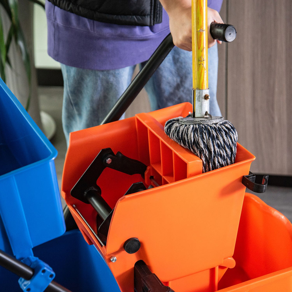 Cleaning Trolley Professional Cleaning Trolley with Jaw Press 2 Buckets + Storage Orange Blue