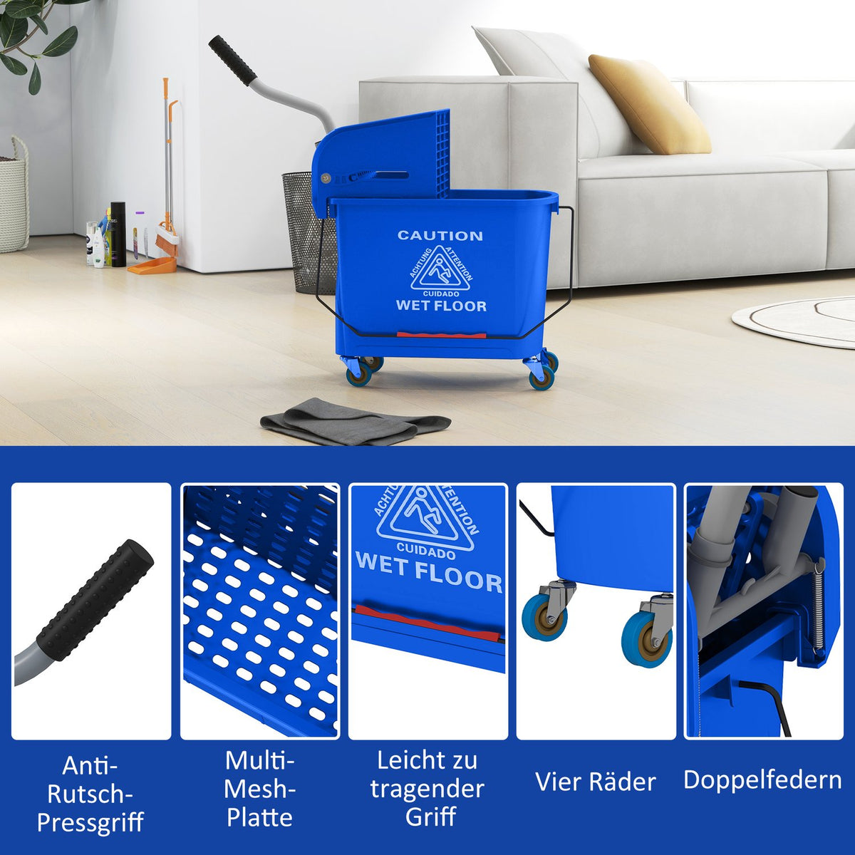 Cleaning Trolley Washing Bucket Household 20 L with Spinner and Separator for Clean Dirty Water Blue 60L x 27W x 70.5H cm