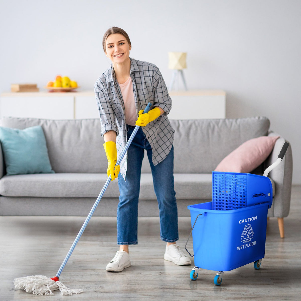 Cleaning Trolley Washing Bucket Household 20 L with Spinner and Separator for Clean Dirty Water Blue 60L x 27W x 70.5H cm